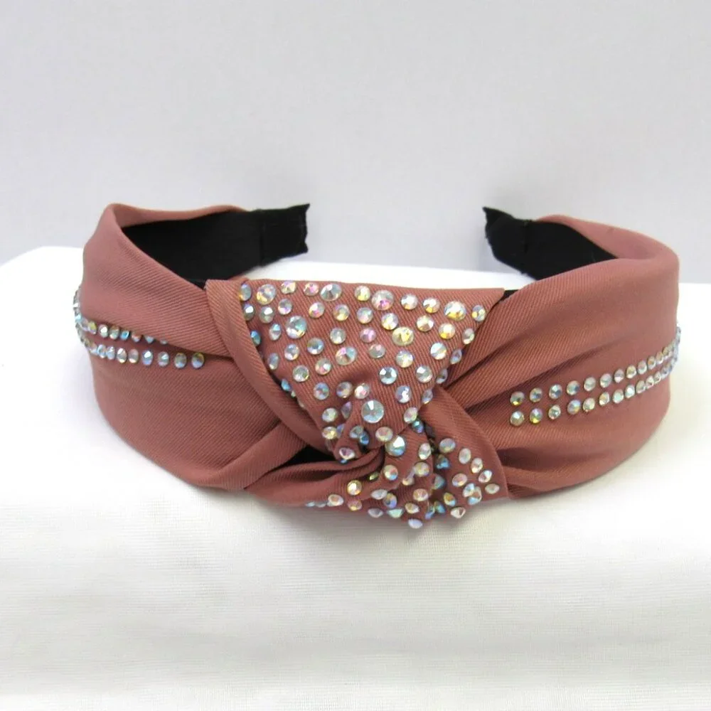 Mauve Color Rhinestone Embellished Twist Style Fabric Headband  NEW - Picture 2 of 5